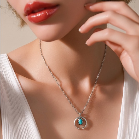 Jewelry - New Genuine Stainless Steel Western Faux Turquoise Naja Silver Boho Necklace